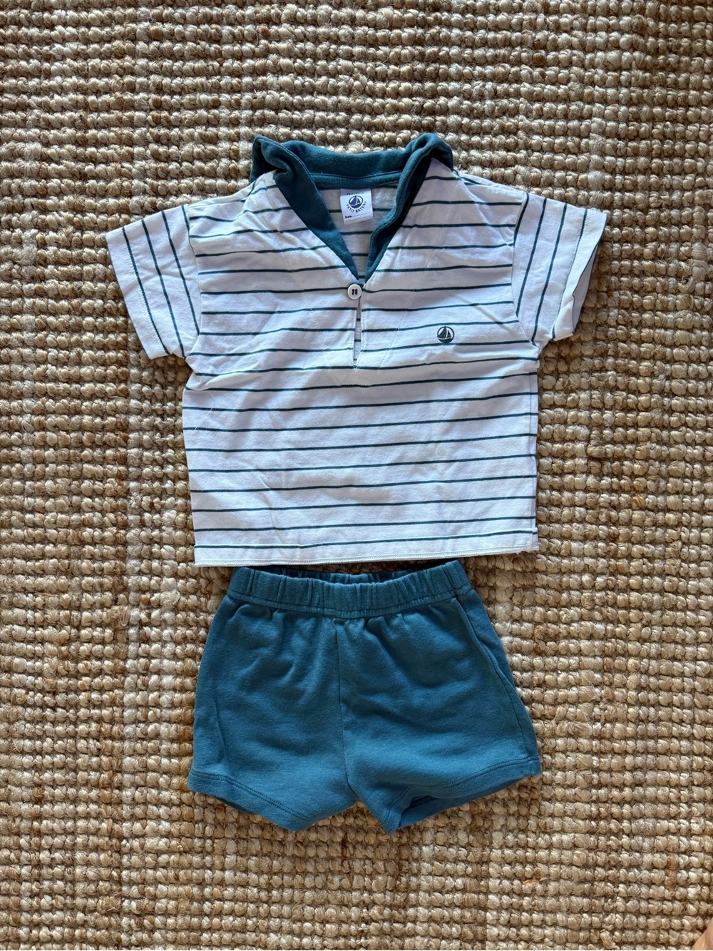 Petit Bateau Toddler Striped Sailor Polo Top with Teal Shorts, Like New!
